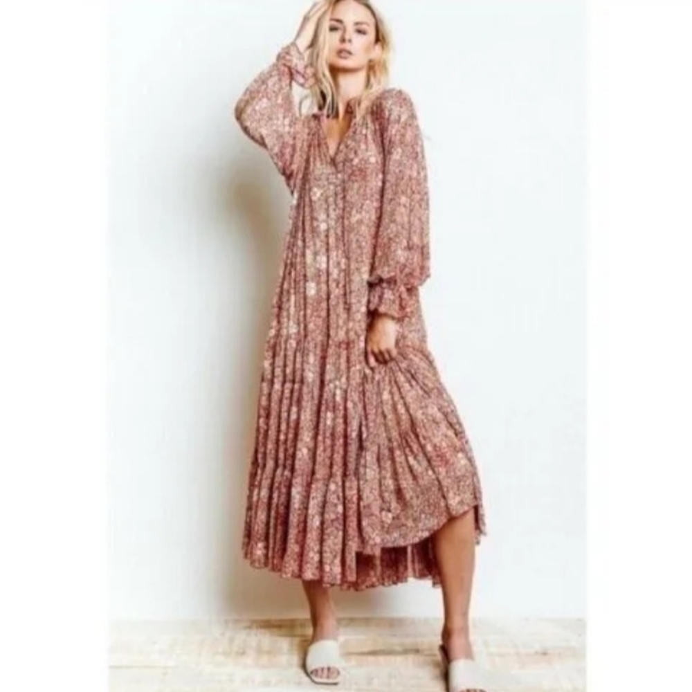 Free People Feeling Groovy Maxi Dress Red Floral Boho Long Sleeve Sz M